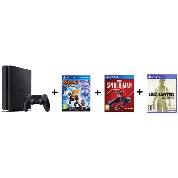 Sony PS4 Slim Gaming Console 500 GB Black + Ratchet & Clank + Spider Man + Uncharted Collection Sony PS4 Slim Gaming Console 500 GB Black + Ratchet & Clank + Spider Man + Uncharted Collection