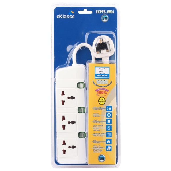 Eklasse 3 Way Universal Power Extension Socket With Overload Protector 3m White EKPES 3W01 Eklasse 3 Way Universal Power Extension Socket With Overload Protector 3m White EKPES 3W01