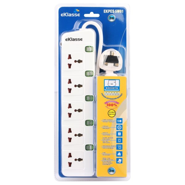 Eklasse 5 way Universal Power Extension Socket With Overload Protector 3m White EKPES 5W01 Eklasse 5 way Universal Power Extension Socket With Overload Protector 3m White EKPES 5W01