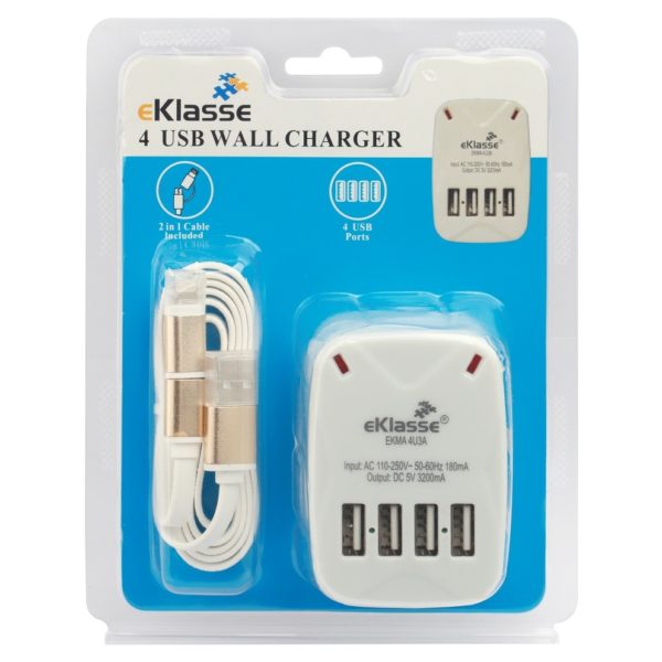Eklasse 4USB 5V/3AMP Wall Charger With 2in1 Cable 1M - EKMA4U3A Eklasse 4USB 5V/3AMP Wall Charger With 2in1 Cable 1M - EKMA4U3A