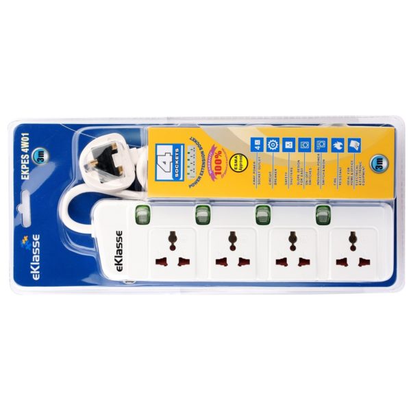 Eklasse 4 way Universal Power Extension Socket With Overload Protector 3m White EKPES 4W01 Eklasse 4 way Universal Power Extension Socket With Overload Protector 3m White EKPES 4W01