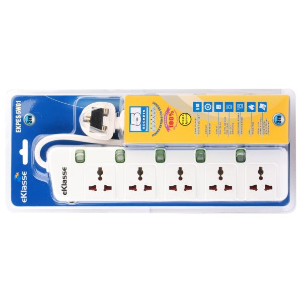 Eklasse 5 way Universal Power Extension Socket With Overload Protector 3m White EKPES 5W01 Eklasse 5 way Universal Power Extension Socket With Overload Protector 3m White EKPES 5W01