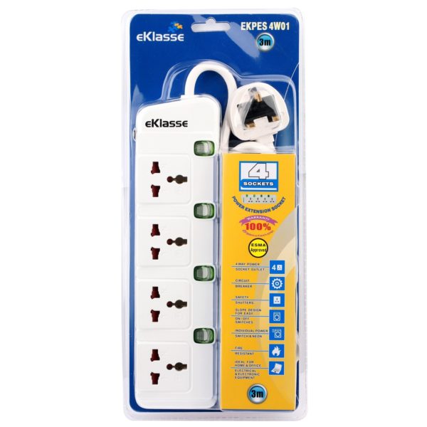 Eklasse 4 way Universal Power Extension Socket With Overload Protector 3m White EKPES 4W01 Eklasse 4 way Universal Power Extension Socket With Overload Protector 3m White EKPES 4W01