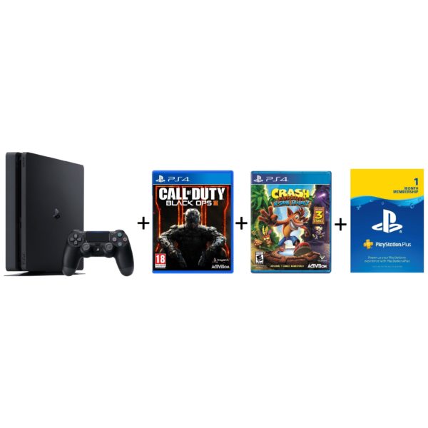 Sony PS4 Slim Gaming Console 1TB Black + Call Of Duty Black OPS III + Crash Bandicoot N Sane Trilogy Game + 1 Month Playstation Plus Membership Sony PS4 Slim Gaming Console 1TB Black + Call Of Duty Black OPS III + Crash Bandicoot N Sane Trilogy Game + 1 Month Playstation Plus Membership