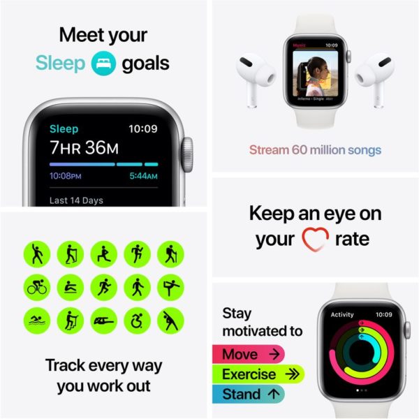 Apple Watch SE GPS 44mm Silver Aluminum Case with White Sport Band Apple Watch SE GPS 44mm Silver Aluminum Case with White Sport Band