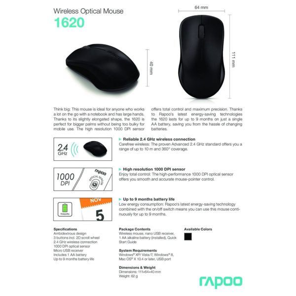 Rapoo 2.4Ghz Wireless Mouse Black 1620 Rapoo 2.4Ghz Wireless Mouse Black 1620