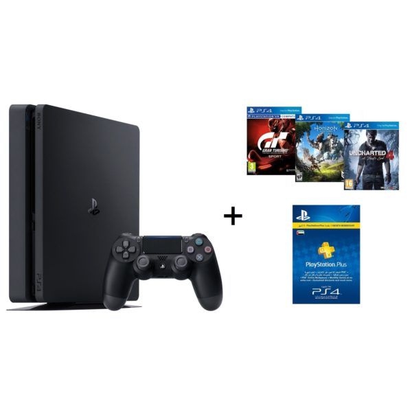 Sony PS4 Slim Gaming Console 500GB Jet Black + Gran Turismo The Real Driving Simulator Sport Game + Uncharted 4 A Thiefs End Game + Horizon Zero Dawn Complete Edition Game + 3 Months Playstation Plus Members Sony PS4 Slim Gaming Console 500GB Jet Black + Gran Turismo The Real Driving Simulator Sport Game + Uncharted 4 A Thiefs End Game + Horizon Zero Dawn Complete Edition Game + 3 Months Playstation Plus Members