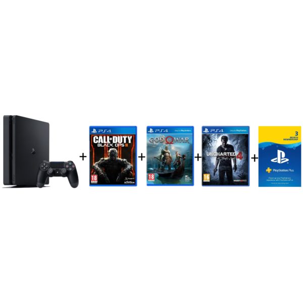 Sony PS4 Slim Gaming Console 500GB Black + Call Of Duty Black OPS III + God of War + Uncharted 4 + 3 Month Playstation Plus Membership Sony PS4 Slim Gaming Console 500GB Black + Call Of Duty Black OPS III + God of War + Uncharted 4 + 3 Month Playstation Plus Membership