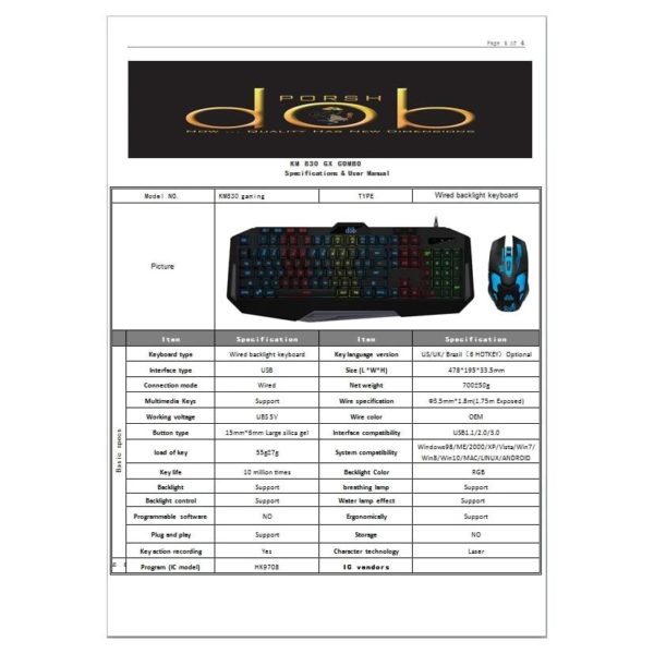 Porsh DOB KM 830 GX Wired Gaming Keyboard & Mouse Black Porsh DOB KM 830 GX Wired Gaming Keyboard & Mouse Black