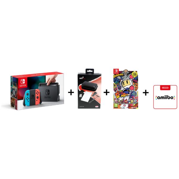 Nintendo Switch Console 32GB With Neon Joy Con + Orb 021003 Essential Travel Pack + Super Bomberman Game + 1 Assorted Amiibo Character Nintendo Switch Console 32GB With Neon Joy Con + Orb 021003 Essential Travel Pack + Super Bomberman Game + 1 Assorted Amiibo Character