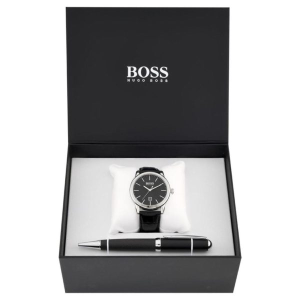 Hugo Boss Gift Set Pen Watch For Men with Black Leather Strap Hugo Boss Gift Set Pen Watch For Men with Black Leather Strap
