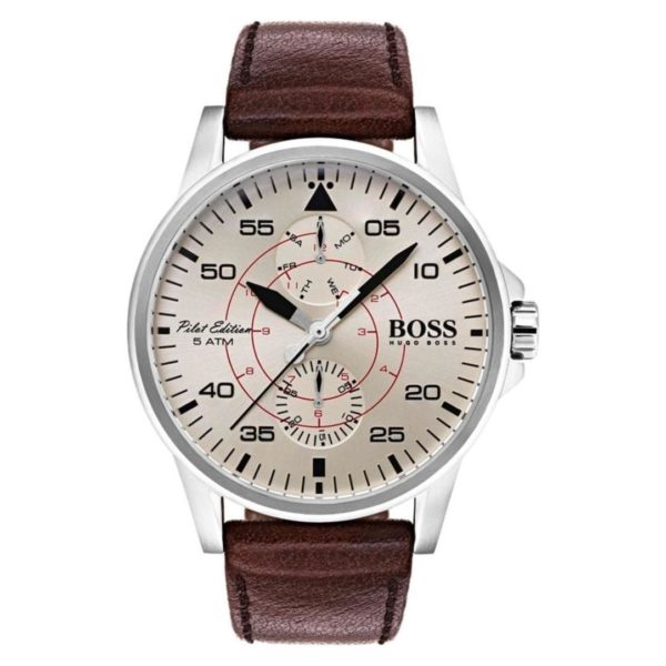 Hugo Boss Aviator Watch For Men with Brown Leather Strap Hugo Boss Aviator Watch For Men with Brown Leather Strap
