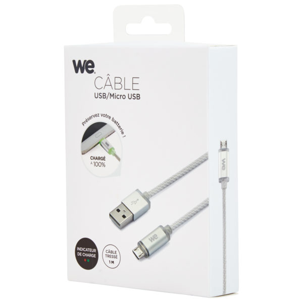 We Woven Micro USB Cable With LED 1M Silver We Woven Micro USB Cable With LED 1M Silver