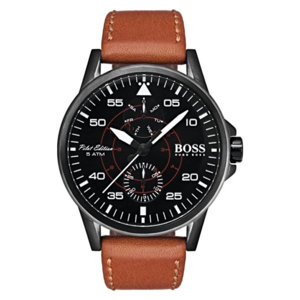 Hugo Boss Aviator Watch For Men with Brown Leather Strap Hugo Boss Aviator Watch For Men with Brown Leather Strap