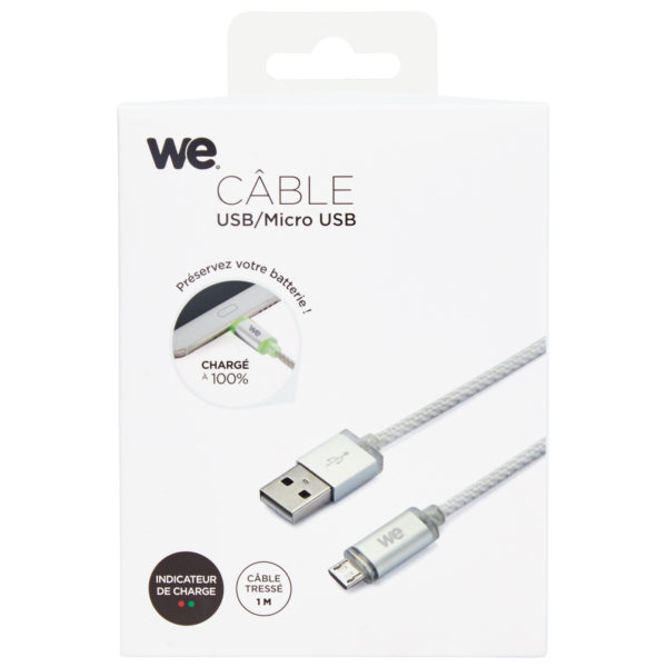 We Woven Micro USB Cable With LED 1M Silver We Woven Micro USB Cable With LED 1M Silver