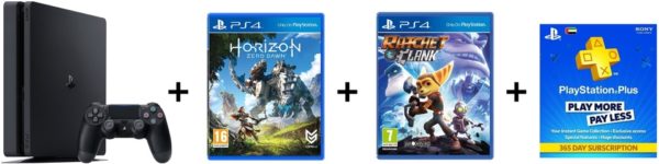 Sony PS4 Slim Gaming Console 500GB Black + Horizon Zero Dawn Game + Ratchet Game + Drive Club Game + 3 Month Membership Playstation Plus Sony PS4 Slim Gaming Console 500GB Black + Horizon Zero Dawn Game + Ratchet Game + Drive Club Game + 3 Month Membership Playstation Plus