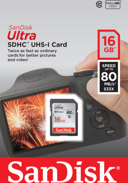 Sandisk SDSDUNC016GGN6IN Ultra SDHC 16GB 80MB S Class 10 UHS I