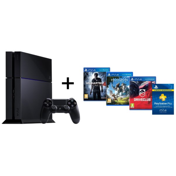 Sony PS4 Gaming Console 500GB Black + Unchartered 4 A Thiefs End Game + Horizon Zero Dawn Game + Driver Club Game + 3 Months Playstation Plus Membership Sony PS4 Gaming Console 500GB Black + Unchartered 4 A Thiefs End Game + Horizon Zero Dawn Game + Driver Club Game + 3 Months Playstation Plus Membership