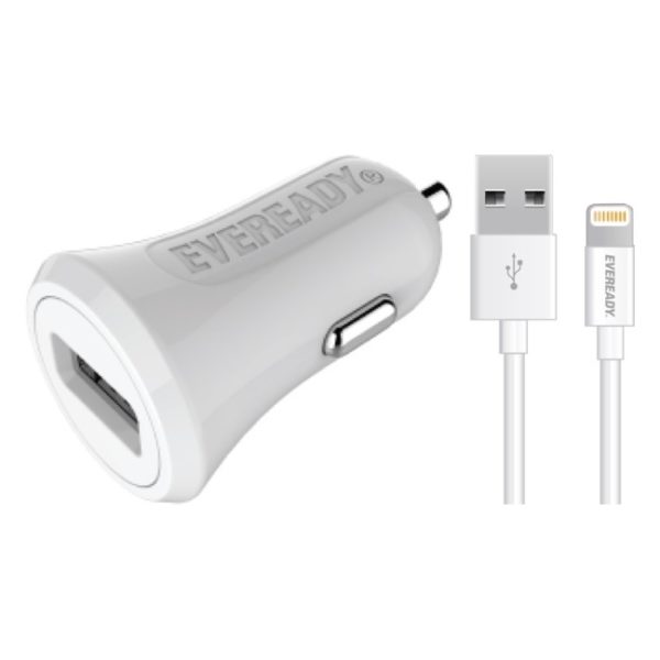 Eveready Car Charger With Lightning Cable 1m White - 1BELI3 Eveready Car Charger With Lightning Cable 1m White - 1BELI3