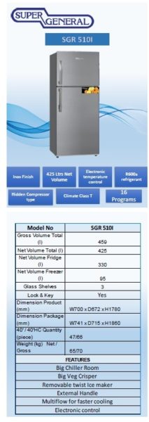 Super General Top Mount Refrigerator 500 Litres SGR510I Super General Top Mount Refrigerator 500 Litres SGR510I