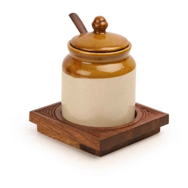 Moorni Old Fashioned Ceramic Jar with Hand Carved Tray Moorni Old Fashioned Ceramic Jar with Hand Carved Tray
