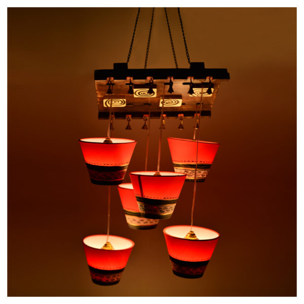 Moorni Wooden Hanging Shade Chandlier With Warli Patch Work EL-003-103 Moorni Wooden Hanging Shade Chandlier With Warli Patch Work EL-003-103