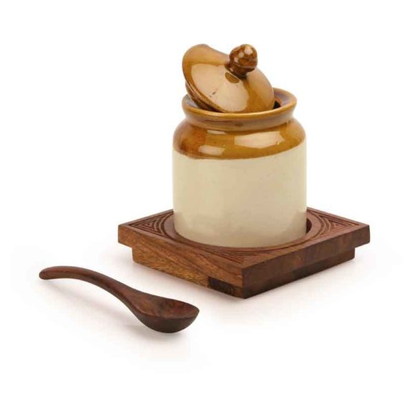 Moorni Old Fashioned Ceramic Jar with Hand Carved Tray Moorni Old Fashioned Ceramic Jar with Hand Carved Tray