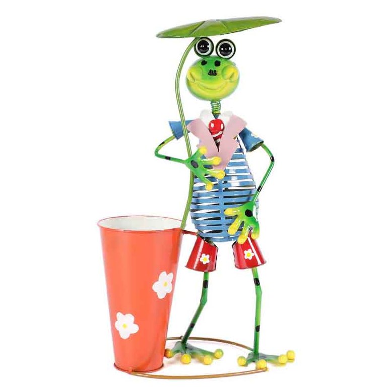 Moorni ELM19-021-007 Tall Frog Holding Umbrella Metal Planter Pot