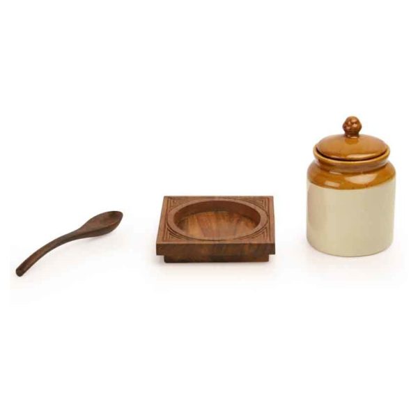 Moorni Old Fashioned Ceramic Jar with Hand Carved Tray Moorni Old Fashioned Ceramic Jar with Hand Carved Tray