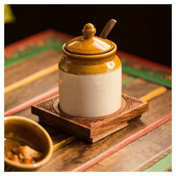 Moorni Old Fashioned Ceramic Jar with Hand Carved Tray Moorni Old Fashioned Ceramic Jar with Hand Carved Tray