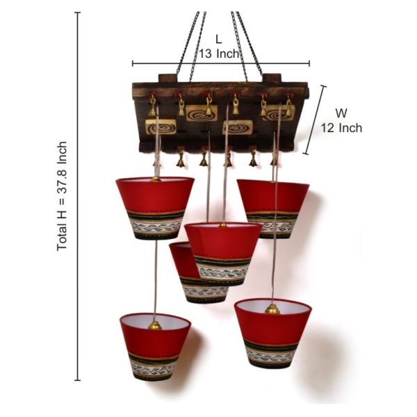 Moorni Wooden Hanging Shade Chandlier With Warli Patch Work EL-003-103 Moorni Wooden Hanging Shade Chandlier With Warli Patch Work EL-003-103