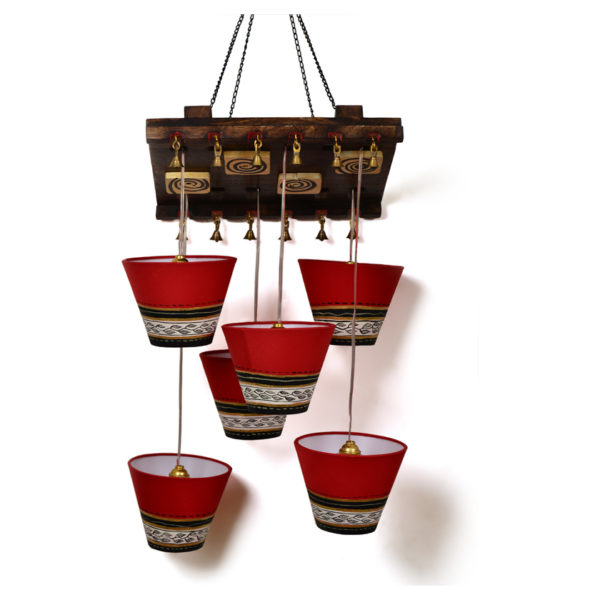 Moorni Wooden Hanging Shade Chandlier With Warli Patch Work EL-003-103 Moorni Wooden Hanging Shade Chandlier With Warli Patch Work EL-003-103