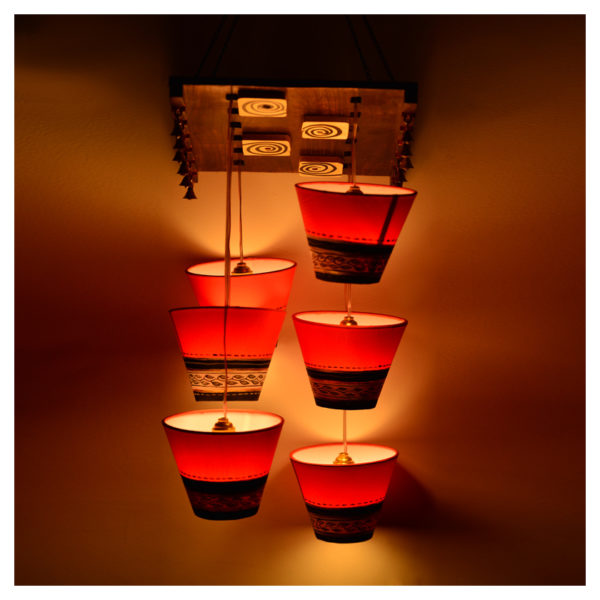 Moorni Wooden Hanging Shade Chandlier With Warli Patch Work EL-003-103 Moorni Wooden Hanging Shade Chandlier With Warli Patch Work EL-003-103