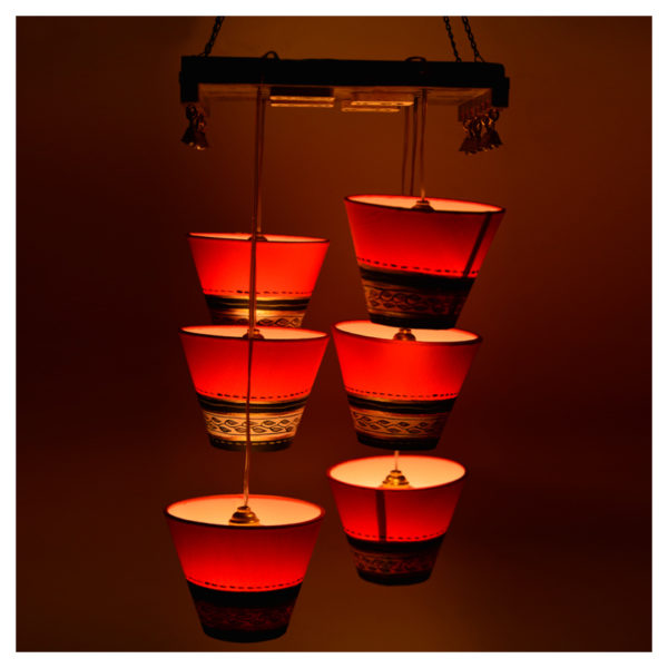 Moorni Wooden Hanging Shade Chandlier With Warli Patch Work EL-003-103 Moorni Wooden Hanging Shade Chandlier With Warli Patch Work EL-003-103