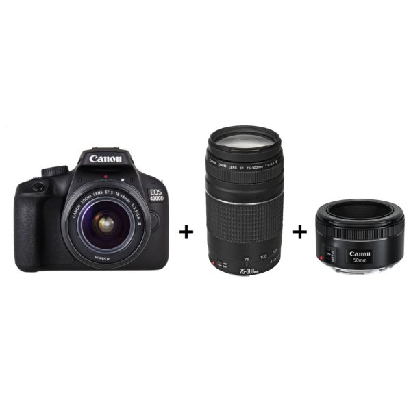 Canon EOS 4000D DSLR Camera Body Black + EFS 18-55MM DC III Black Kit + EF 75-300MM 1:4-5 6 III + EF 50MM 1.8 STM Canon EOS 4000D DSLR Camera Body Black + EFS 18-55MM DC III Black Kit + EF 75-300MM 1:4-5 6 III + EF 50MM 1.8 STM