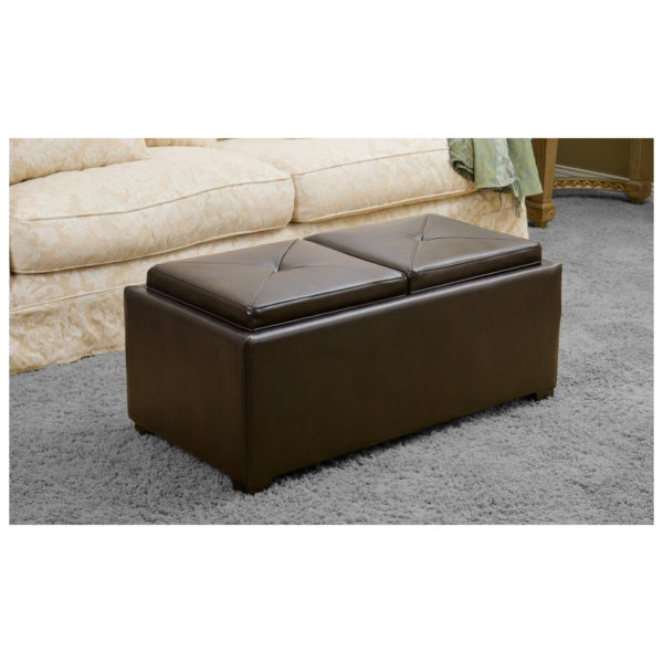 Devonshire Bonded Leather Tray Top Storage Ottoman Brown