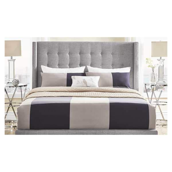 Melina Tufted Linen Wingback Queen Bed without Mattress Grey Melina Tufted Linen Wingback Queen Bed without Mattress Grey