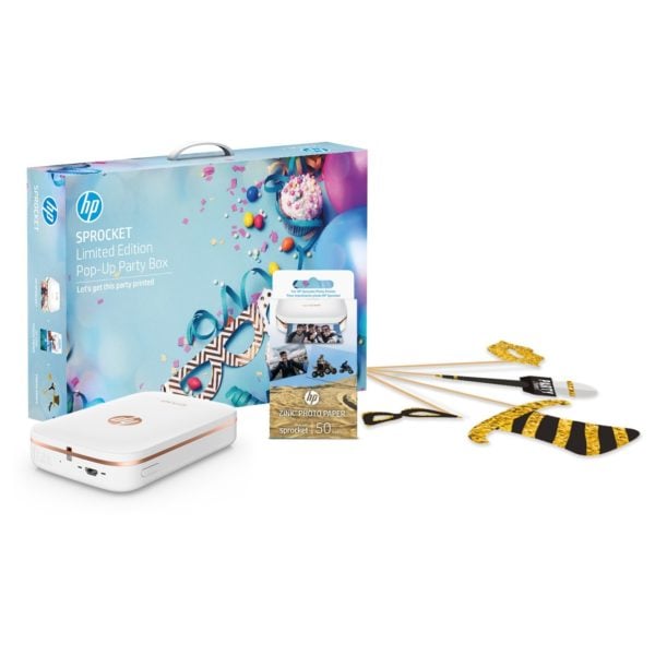 HP Sprocket Party Prop (Z3Z91 Bluetooth Photo Printer White + 1RF43A 50 Sheet Zink Paper) HP Sprocket Party Prop (Z3Z91 Bluetooth Photo Printer White + 1RF43A 50 Sheet Zink Paper)
