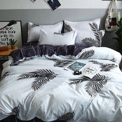 Single Size Grey Leaves Bedding Set of 4 Pieces