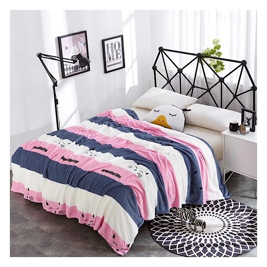 Double Size Cozy Fleece Blanket Pink Striped Design