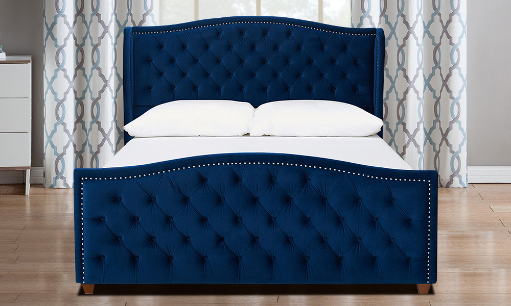 Navy Blue Velvet Hand-Tufted Upholstered Bed Queen Bed with Mattress Navy blue