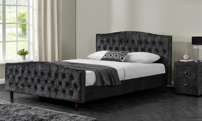 Chesterfield Linen or Velvet Bed Frame Queen Bed with Mattress Dark Grey