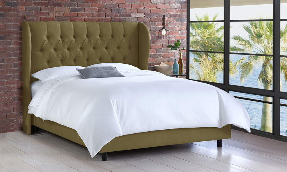 Tufted Linen Upholstered Wingback Bed Super King Bed Olive