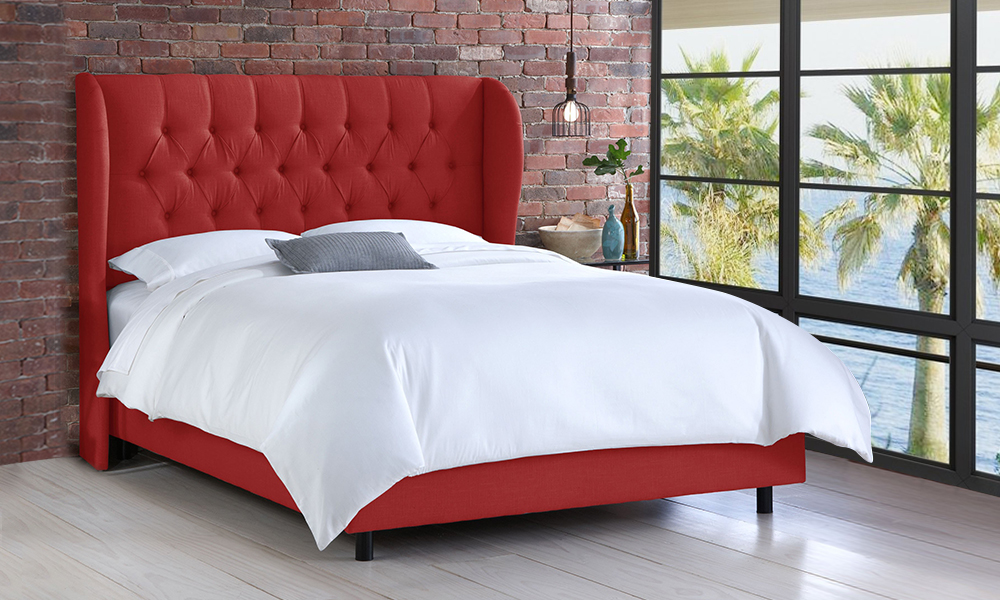 Tufted Linen Upholstered Wingback Bed Super King Bed Red