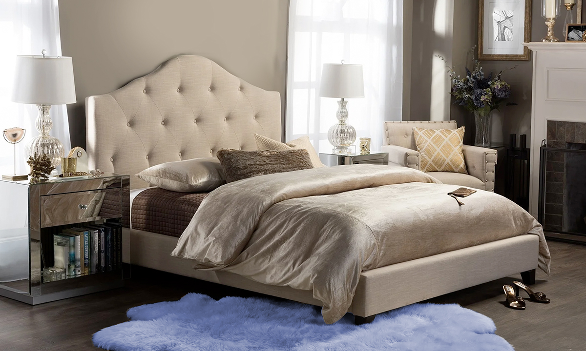 Anica Scalloped Grey Fabric Modern Platform Bed King Beige