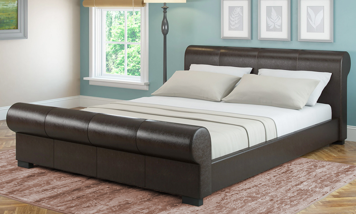 Scrolled Leatherette Platform Bed Medium with Mattress Espresso
