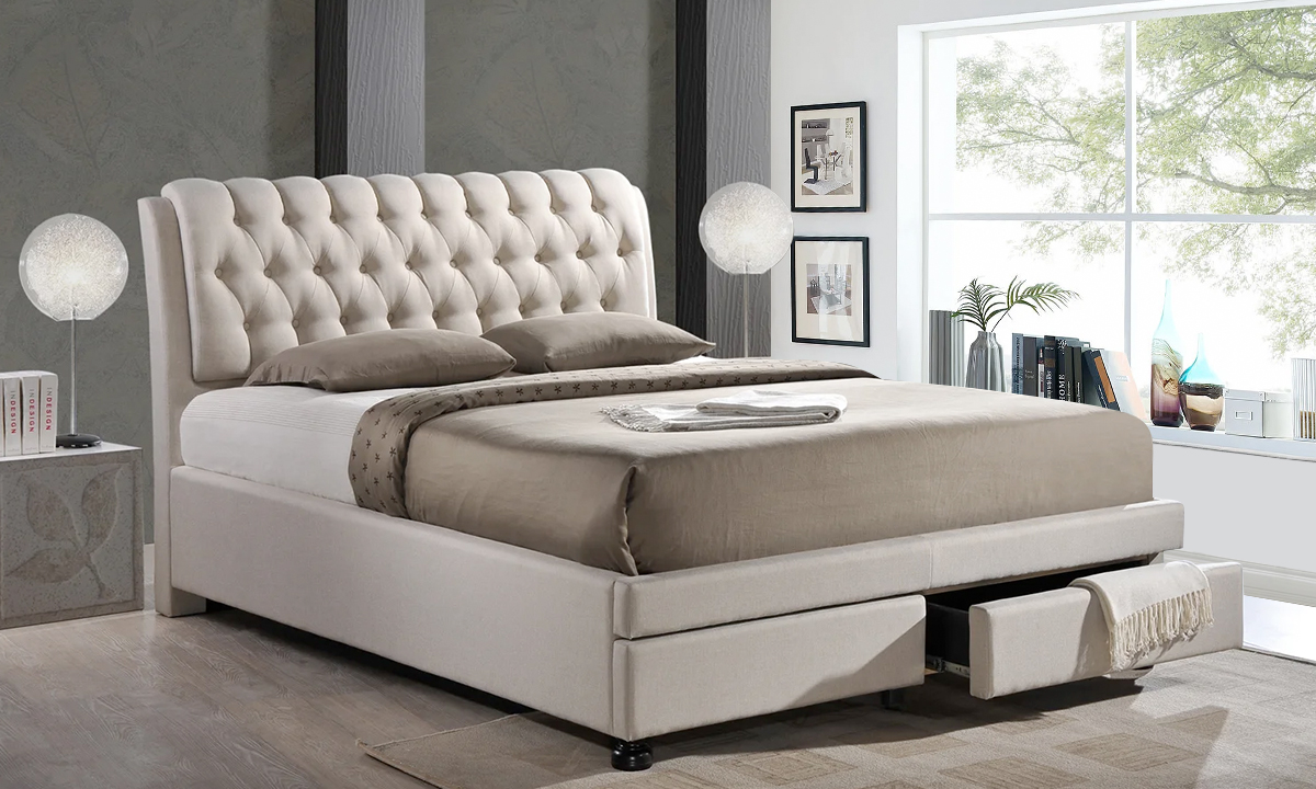 Ainge Button-Tufted Fabric Platform Bed w/2-Drawer Storage Queen Light Beige