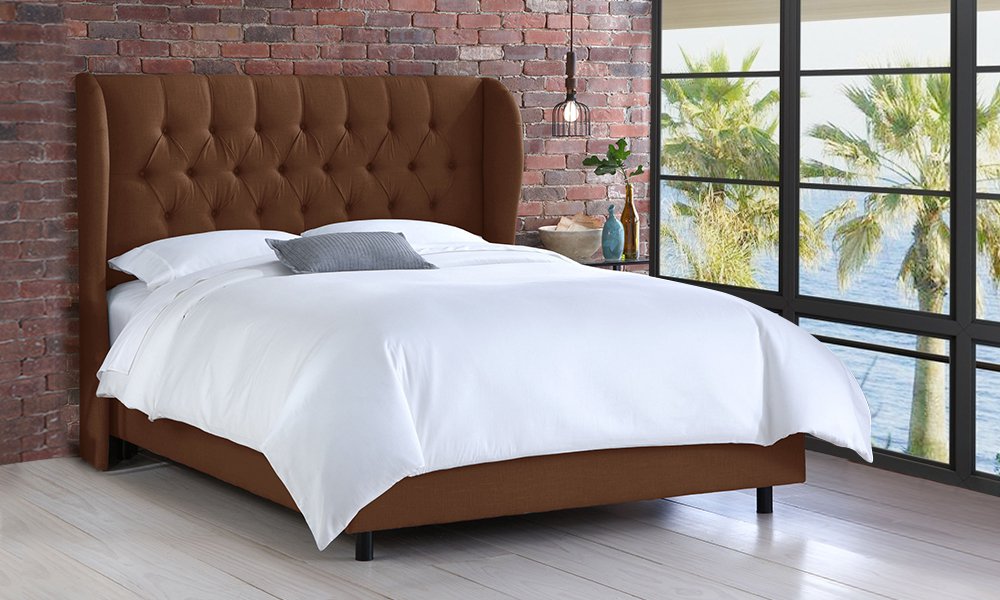 Tufted Linen Upholstered Wingback Bed Super King Bed with Mattress Brown
