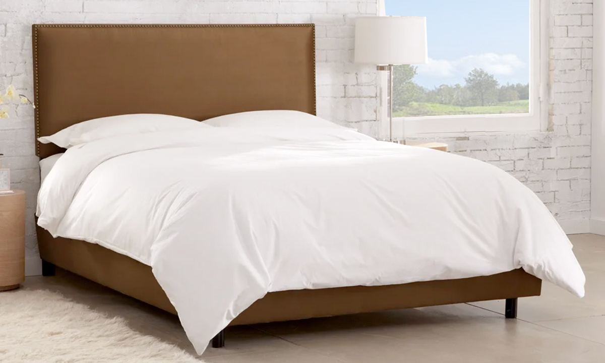 Burling Nail Button Border Bed in Micro-Suede Chocolate Super King Brown