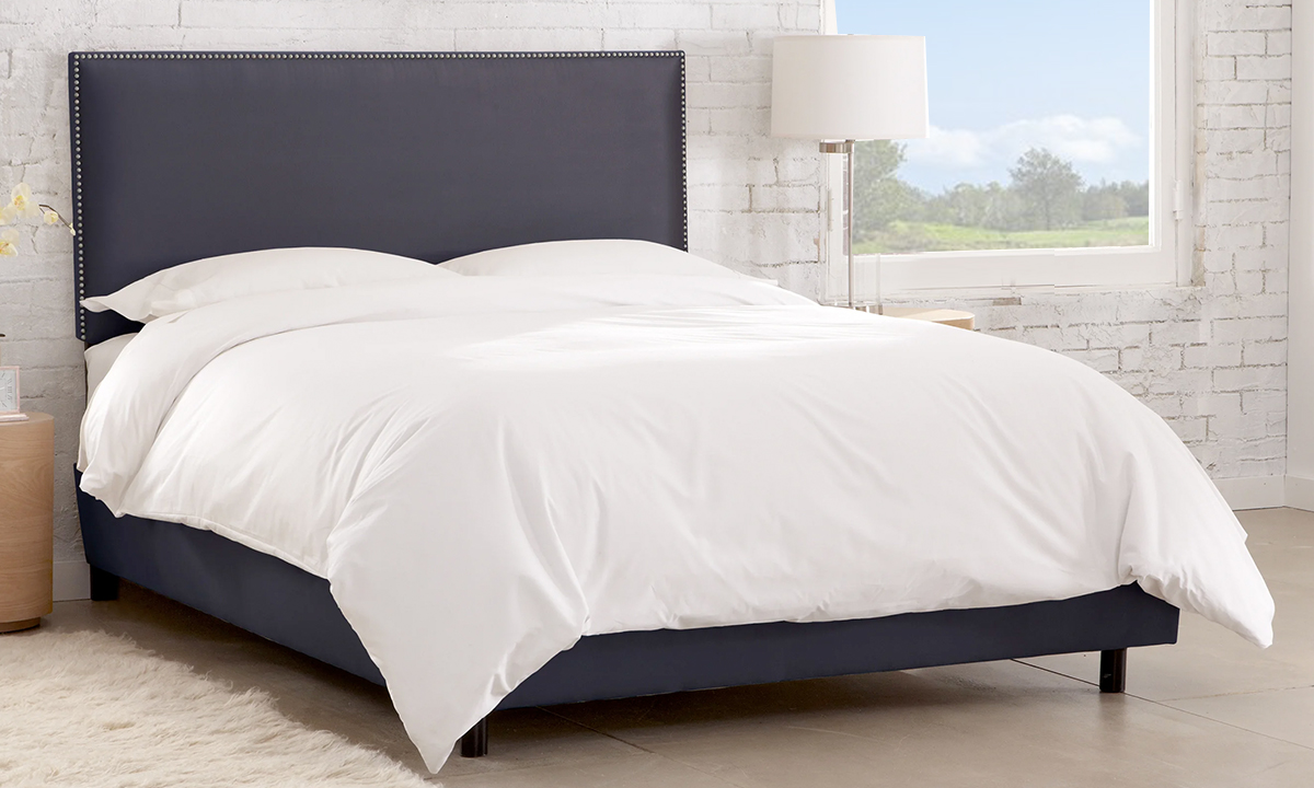 Burling Nail Button Border Bed in Micro-Suede Chocolate Super King Blue